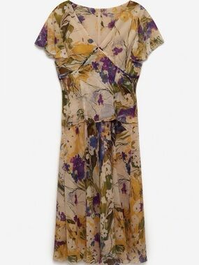 Papell Petites Silk Floral Dress 14P Watercolor Wrap Midi Wedding Guest